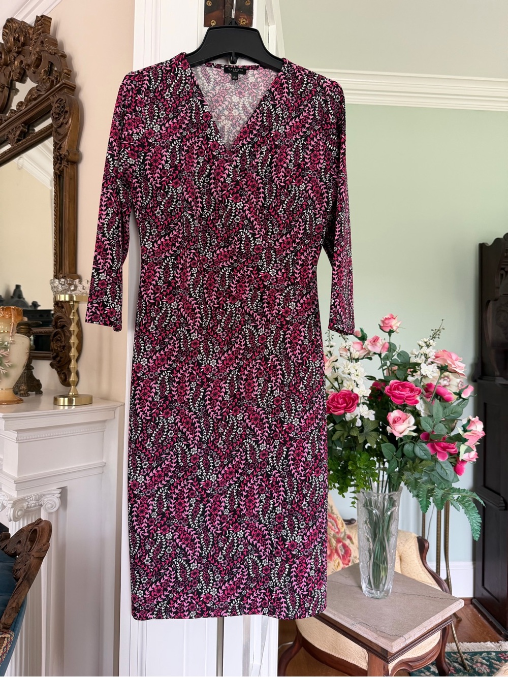 Black and Pink Patterned V-Neck Women’s Dress by Talbots, size Small Petite